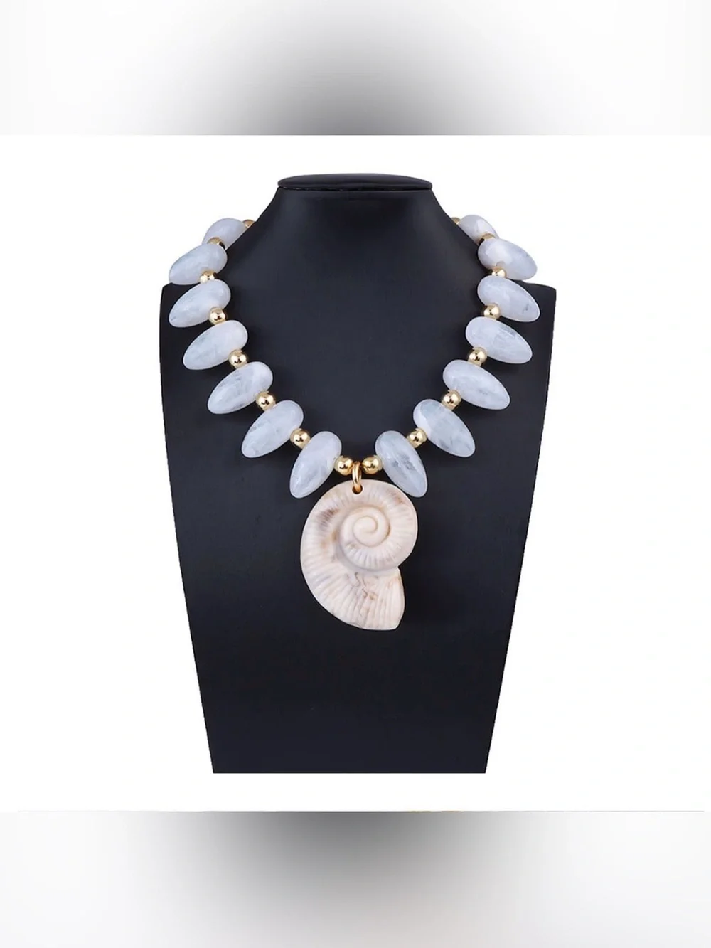 A Classy Chic Boutique White Shell Spiral Pendant Necklace with Gold Beads